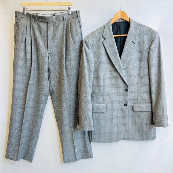 H. Freeman plaid suit, classic pleated pants, black/gray, - Picture 1 of 16
